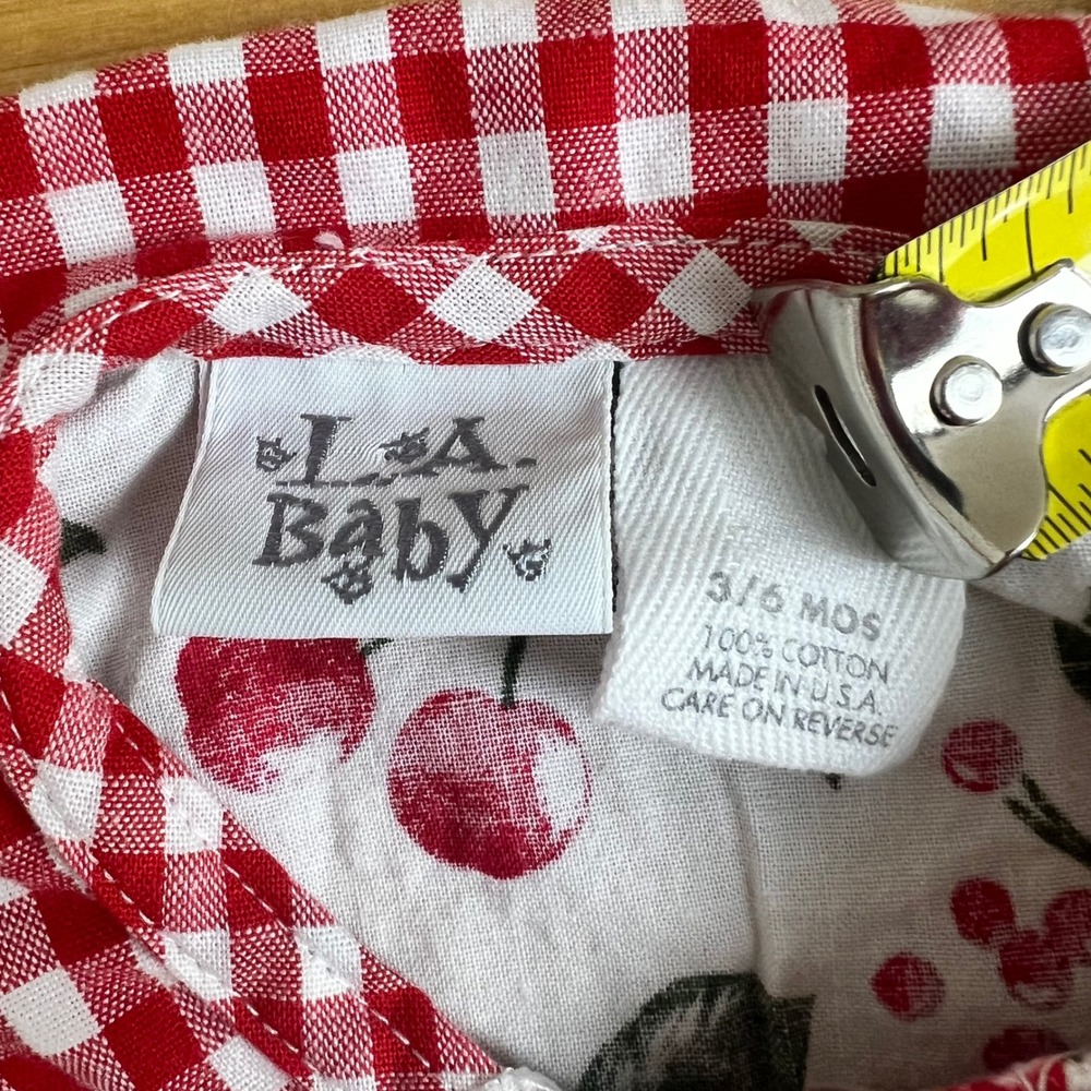 L.A. Baby Outfit Bloomers Hat Set Baby Size 3/6 Months Red Fruit Gingham Floral - Picture 2 of 4